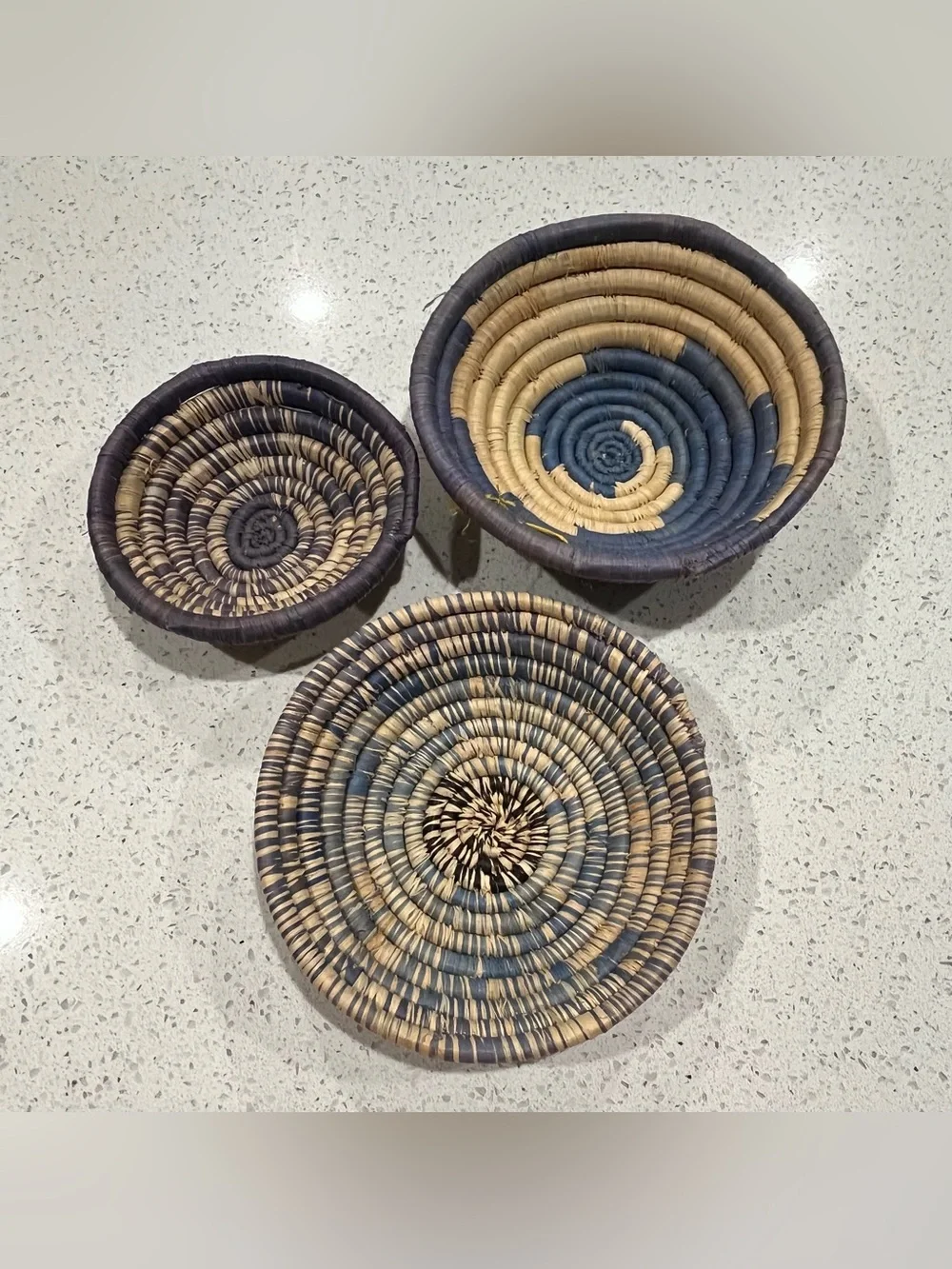 African Uganda Woven Bowl Set (3)- Coastal Light Purple Woven Blues & White